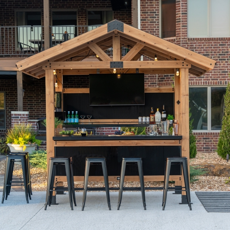 Cedar Outdoor Bar with Gable Roof and Matte Black Stools