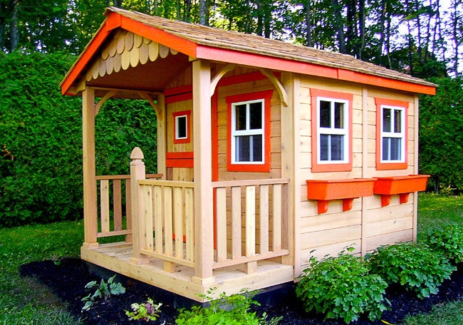 Cedar Wood Playhouse with Bright Orange Trim & Scalloped Shingles