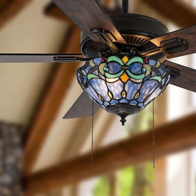 Ceiling Fan Cobalt Blue Stained Glass Bowl Shade Craftsman Style