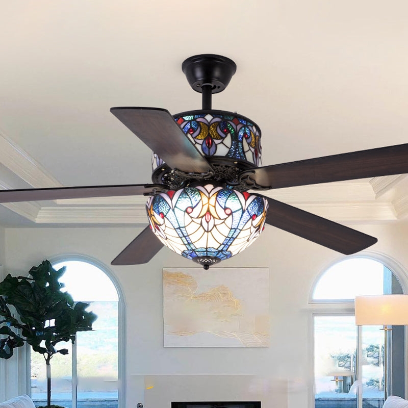 Ceiling Fan Dual Stained Glass Domes Dark Walnut Victorian Style