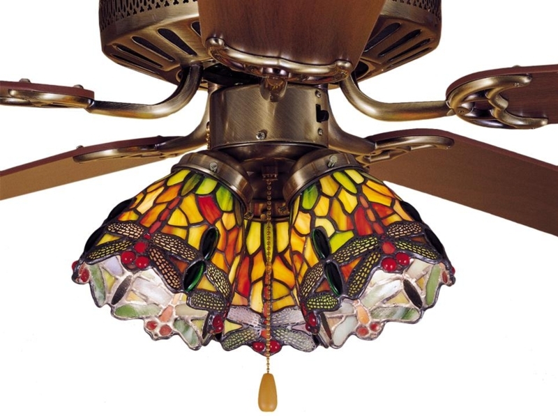 Ceiling Fan Light Dragonfly Motif Antique Brass Scalloped Edge Glass