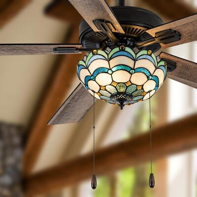 Ceiling Fan Oil Rubbed Bronze Stained Glass Shade Rustic Wood Blades
