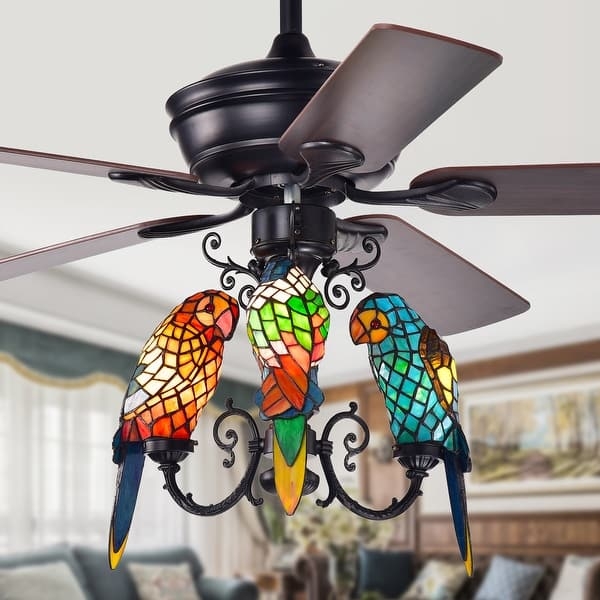 Ceiling Fan Parrot Shades Stained Glass Mosaic Tropical Style