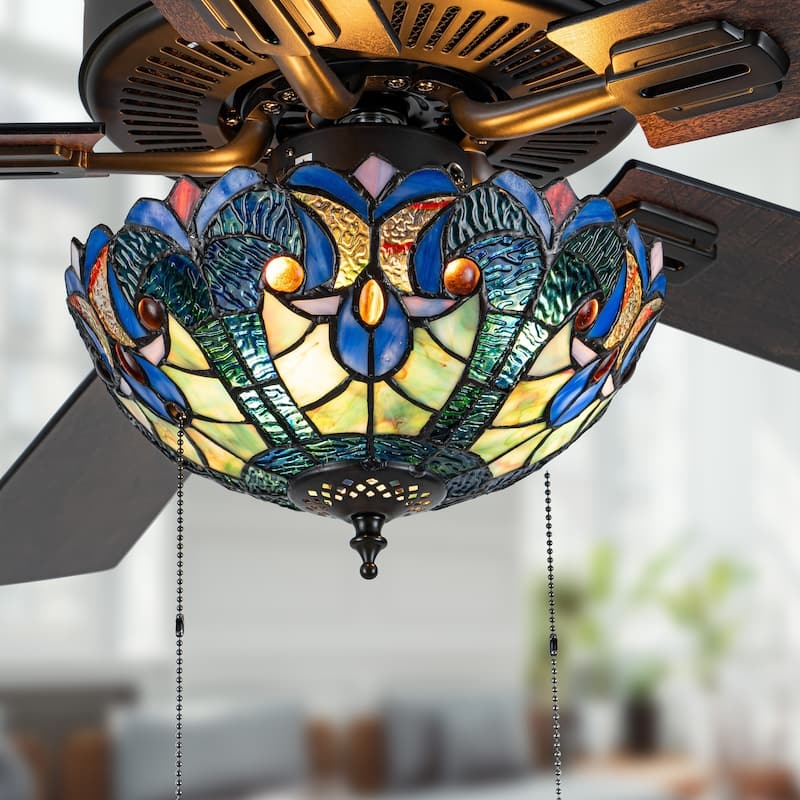 Ceiling Fan Peacock Feather Motif Deep Blue Stained Glass Bronze