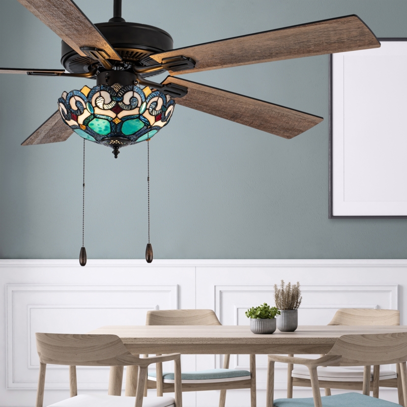 Ceiling Fan Teal Blue Stained Glass Shade Oil Rubbed Bronze Craftsman