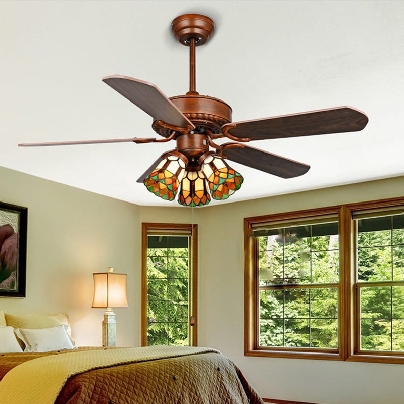Ceiling Fan Three Light Fixture Floral Stained Glass Antique Bronze
