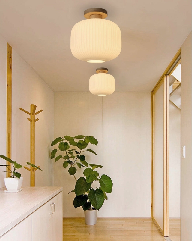 Ceiling Light Ribbed Glass Shade Lantern Silhouette Wood Base