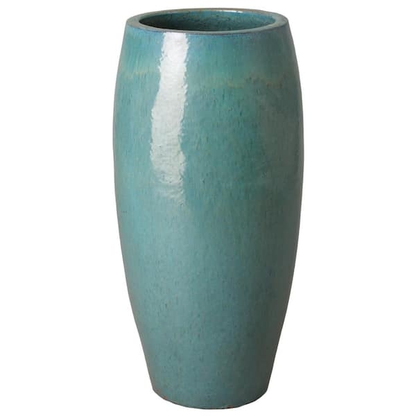 Ceramic Jar Tall Ovoid Mottled Teal Glazed Floor Vessel