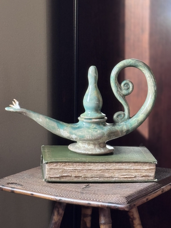 Ceramic Oil Lamp Aladdin Silhouette Teal Glaze Whimsical Decor