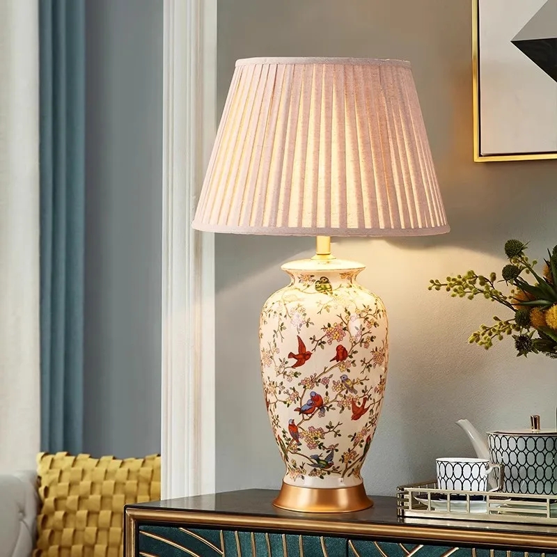 Ceramic Table Lamp, Bird and Floral Motif, Pleated Pink Shade