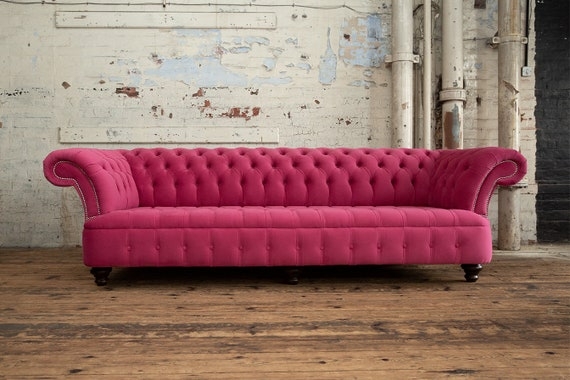 Cerise Pink Chesterfield Sofa with Deep Tufting and Nailhead Trim