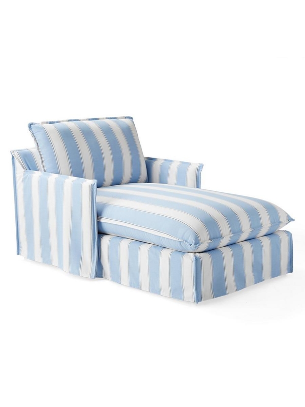 Chaise Longue, Hydrangea Blue Stripes, Skirted Base, Piped Edges, Coastal