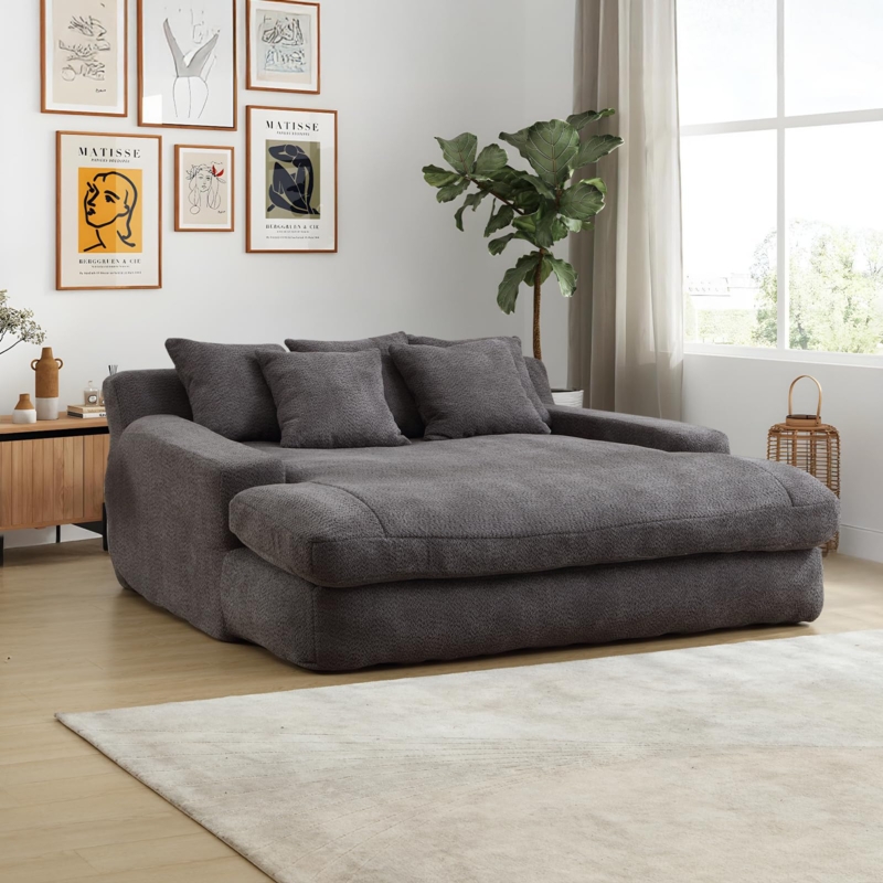 Chaise Lounge, Charcoal Grey Bouclé, Deep Seated, Organic Modern Style