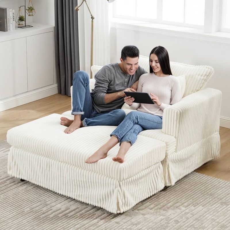 Chaise Lounge Creamy White Wide Wale Corduroy Skirted Base Modular