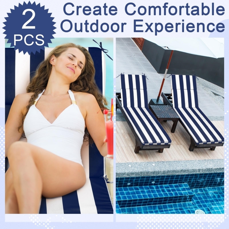 Chaise Lounge Cushion Set Navy White Stripes Tie On Straps Thick Padding