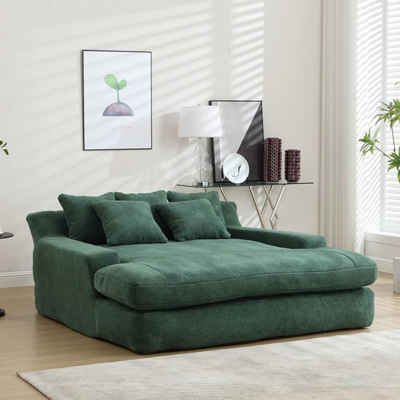Chaise Lounge, Forest Green Bouclé, Plush Armrests, Textured Indoor Daybed
