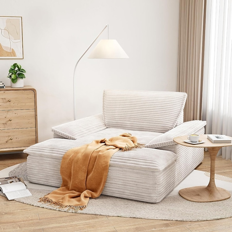 Chaise Lounge, Low Profile Ribbed Corduroy, Warm Beige