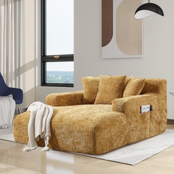 Chaise Lounge, Mustard Chenille with Side Pocket, Low Profile
