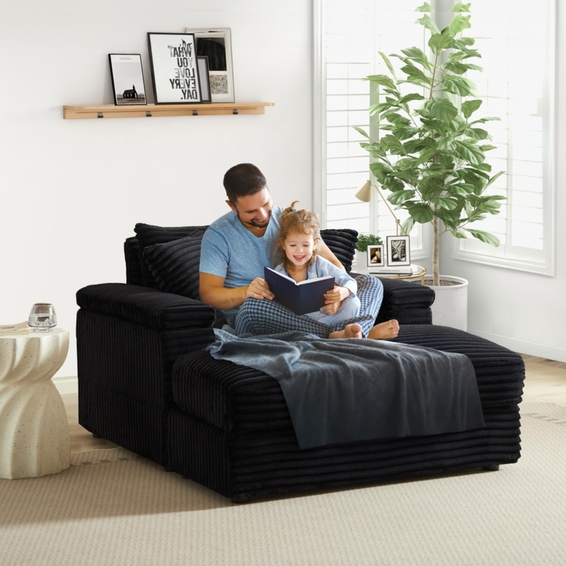 Chaise Lounge, Navy Blue Corduroy, Extra Wide Seat, Contemporary Style