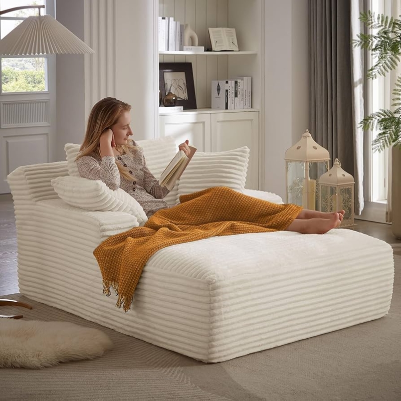 Chaise Lounge, Off-White Corduroy, Wide Arms, Low Profile, Cozy Seating