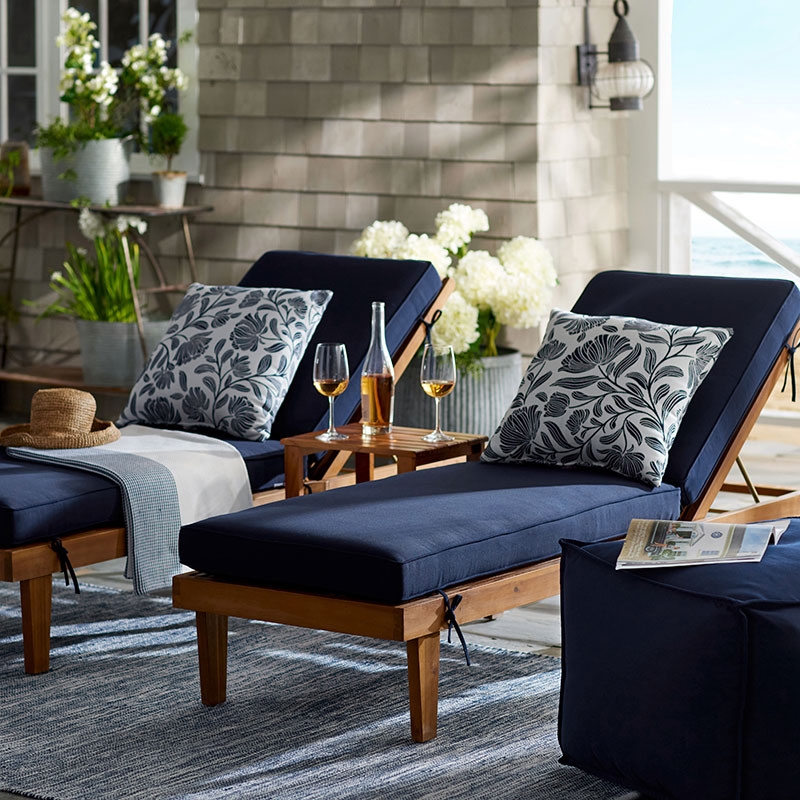 Chaise Lounge Outdoor Wood Frame Navy Cushions Botanical Floral Pillows