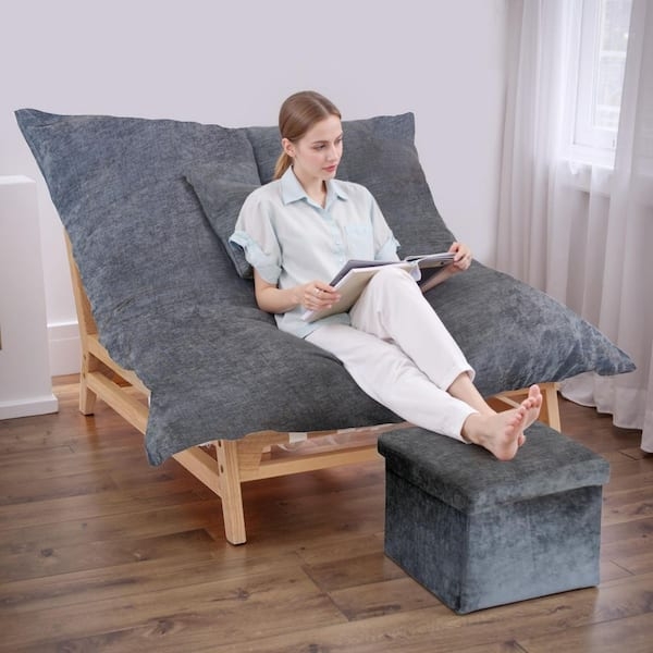 Chaise Lounge Oversized Pillow Top Cushion Charcoal Grey Wood Frame Low