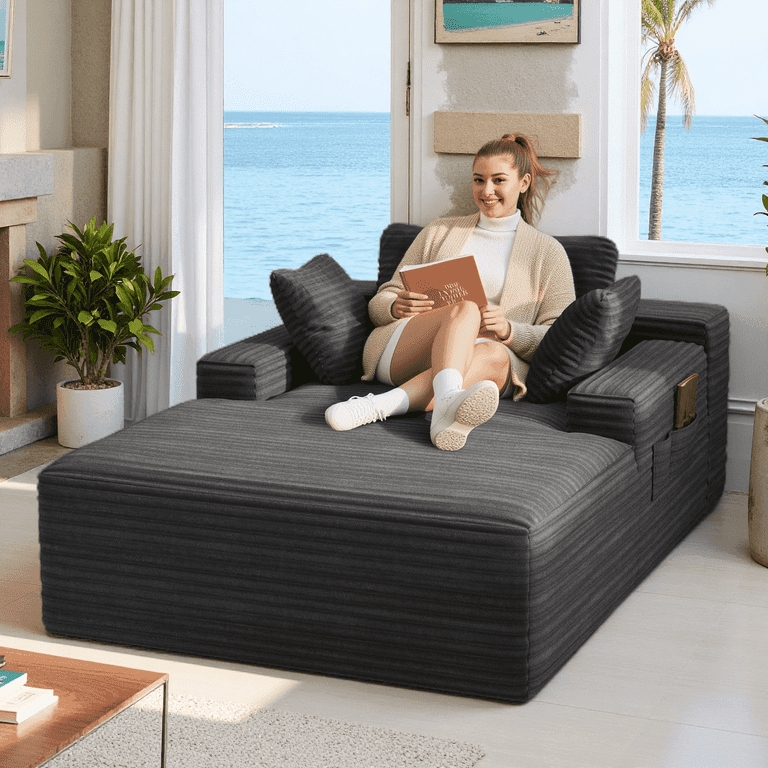 Chaise Lounge, Ribbed Corduroy with Side Pocket, Charcoal