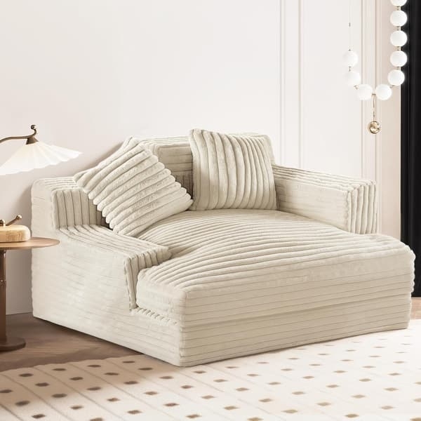 Chaise Lounge, Ribbed Cream Corduroy, Wide Armrests