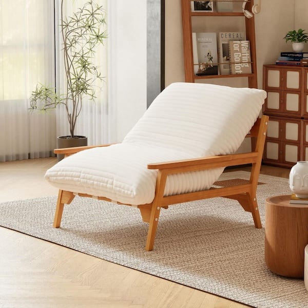 Chaise Lounge Ribbed Plush Oversized Cushion Light Wood Frame Japandi Style