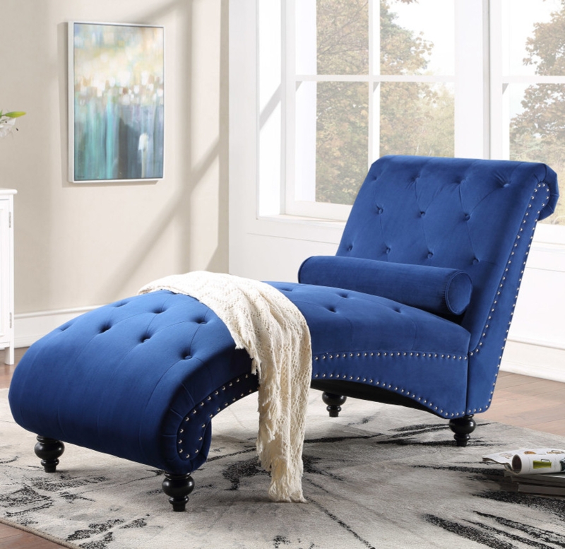 Chaise Lounge, Royal Blue Velvet, Button Tufting, Silver Trim, Glam Chair