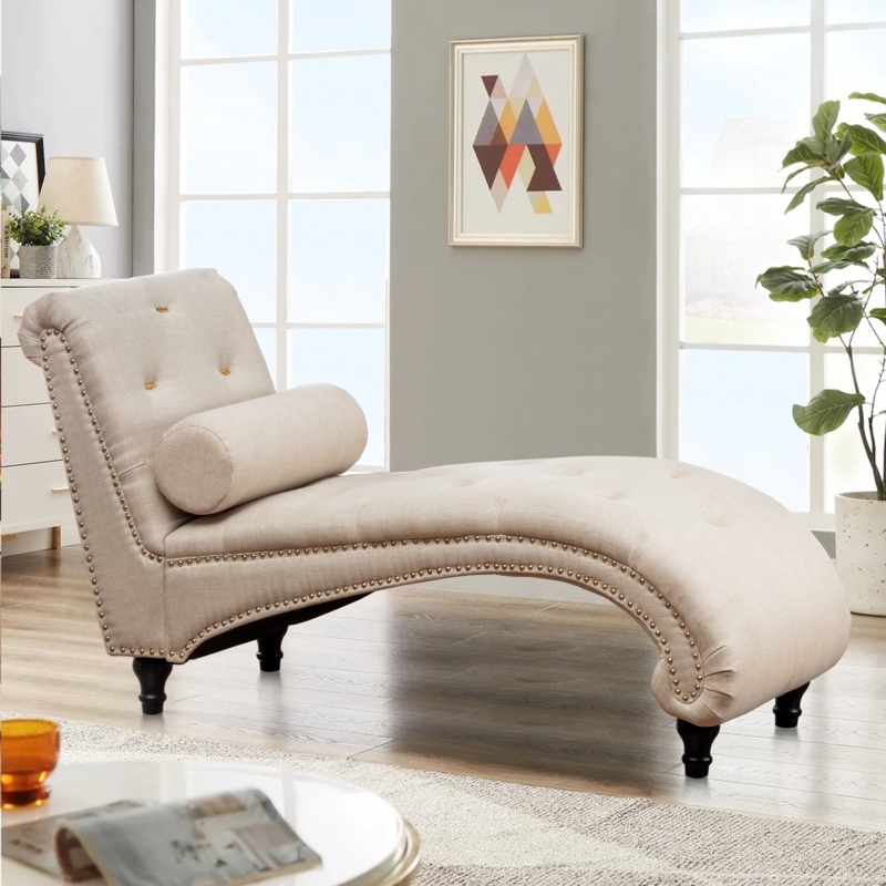 Chaise Lounge S-Curve Warm Beige Nailhead Trim Bolster Pillow