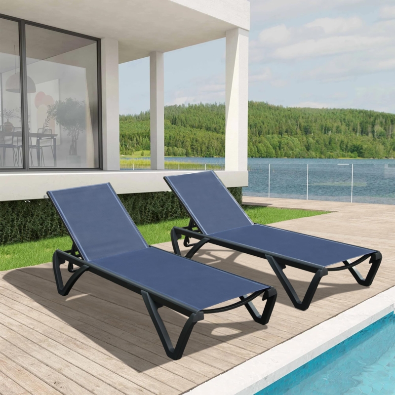 Chaise Lounge Set Featuring Sculptural Frame and Navy Mesh