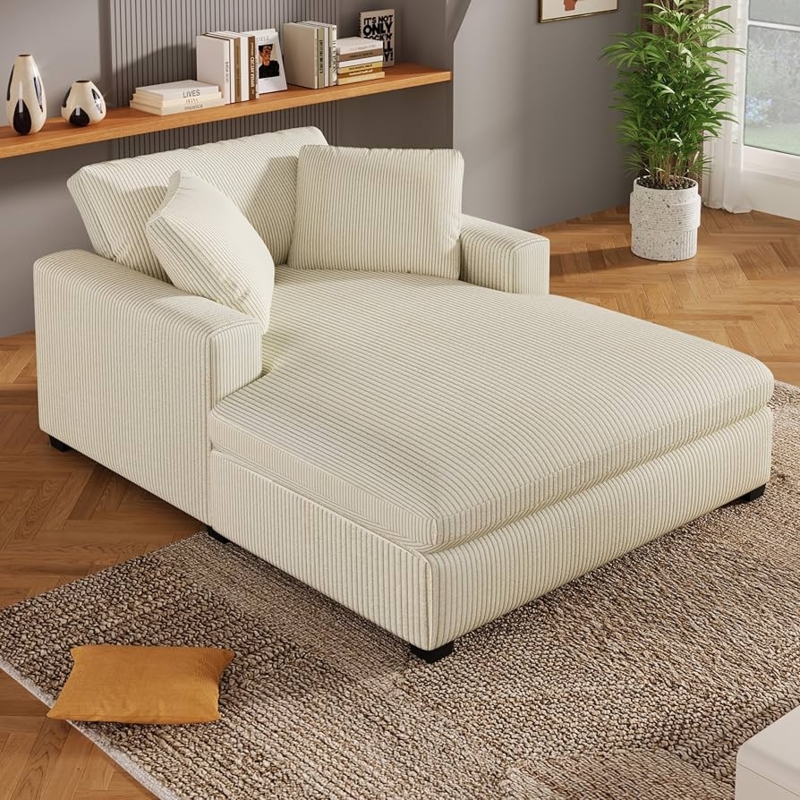 Chaise Lounge, Warm Beige Corduroy, Track Arms, Cozy Living Room Seating