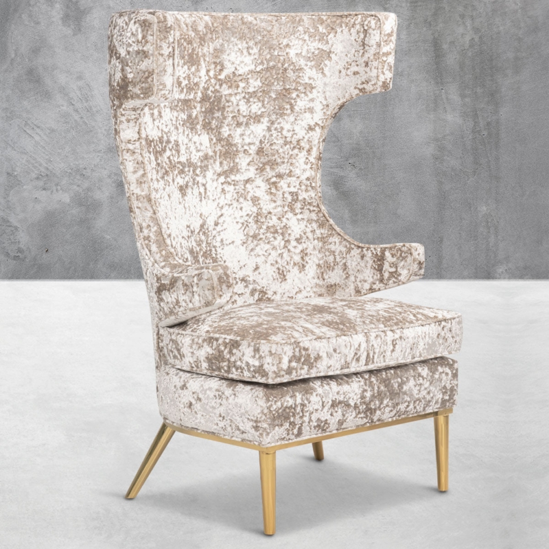 Champagne Crushed Velvet Wingback Chair with Exaggerated Wings & Brass Base
