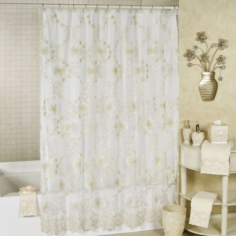 Champagne Floral Shower Curtain, Scalloped Lace Edge, Sheer & Textured.