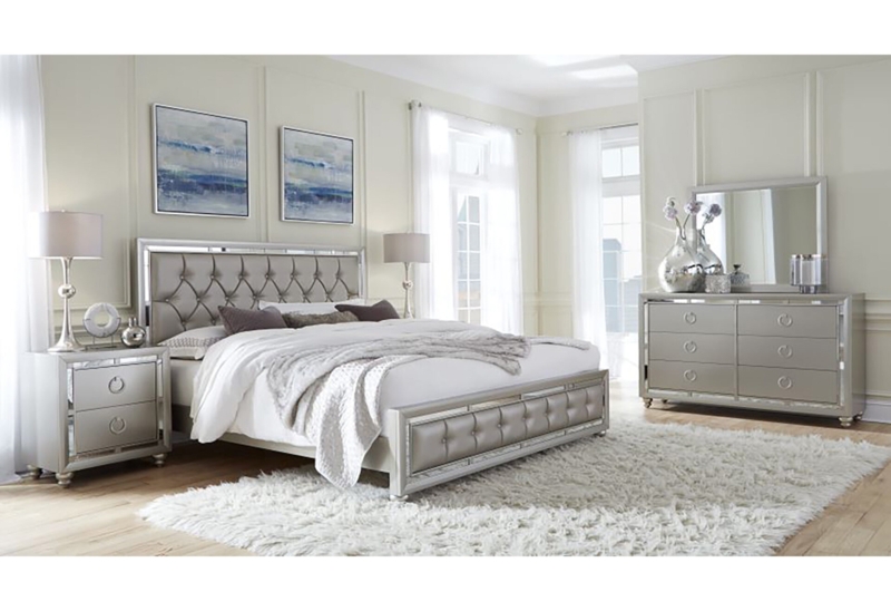 Champagne Silver Bedroom Set: Mirrored Inlay & Button Tufting