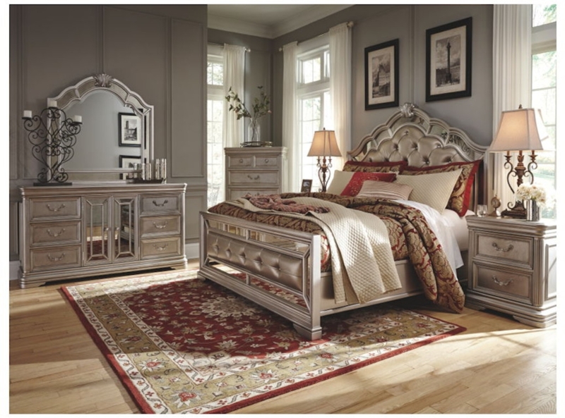 Champagne Silver Bedroom Set with Arched Crown Molding & Mirrors