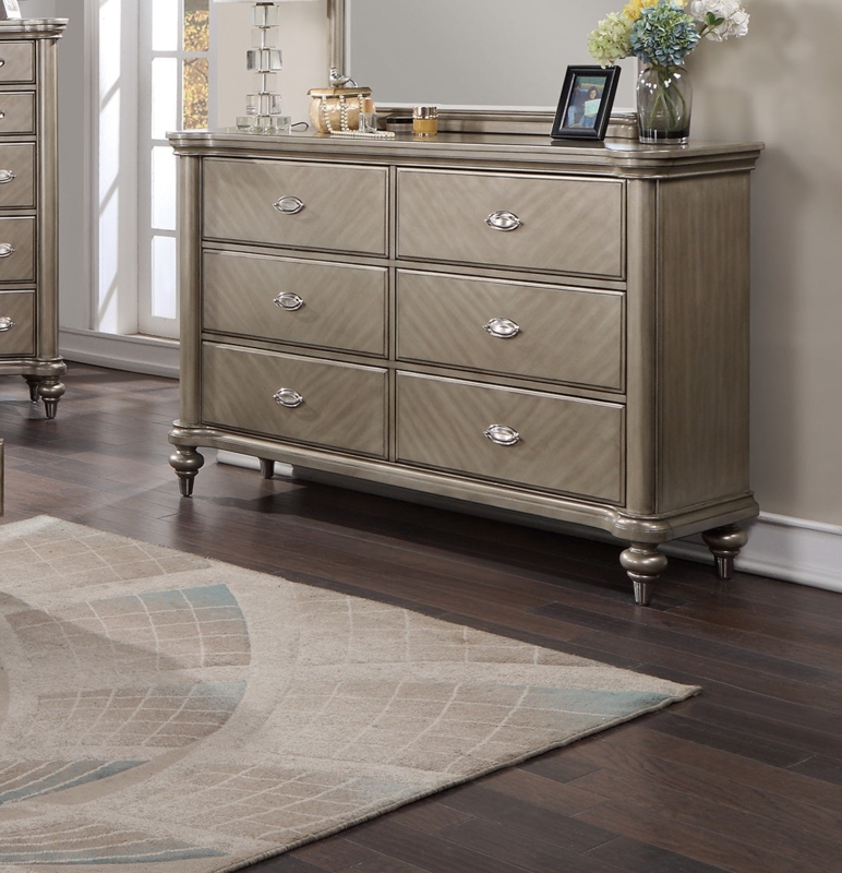 Champagne Silver Dresser Chevron Textured Fronts & Bun Feet