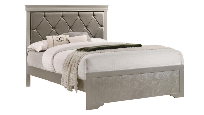 Champagne Silver King Bed: Diamond Tufted with Croc Embossed Texture