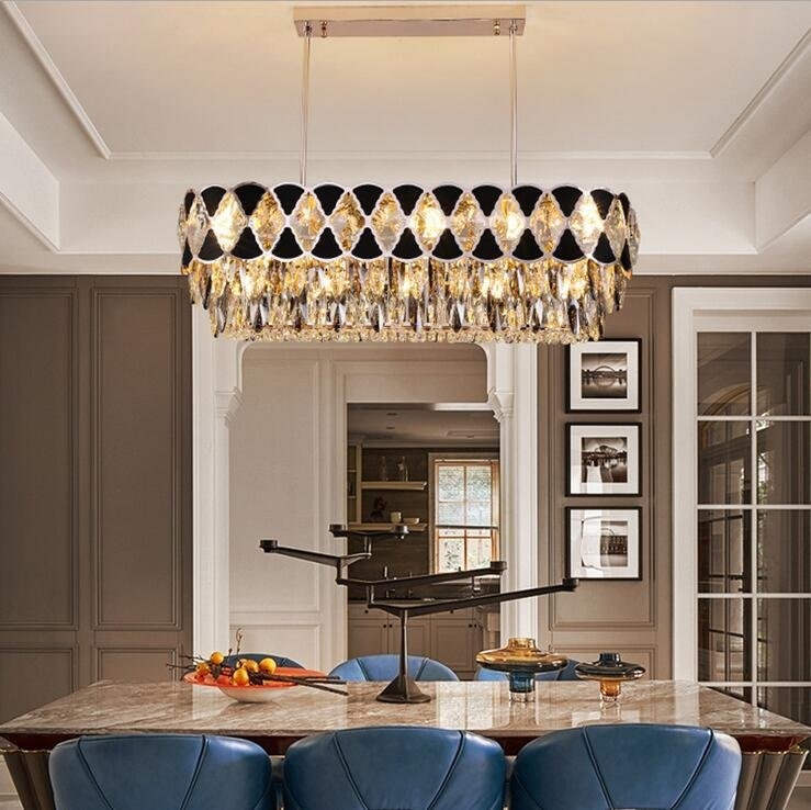 Chandelier, Amber Faceted Glass, Black Enamel Accents, Linear Tiers