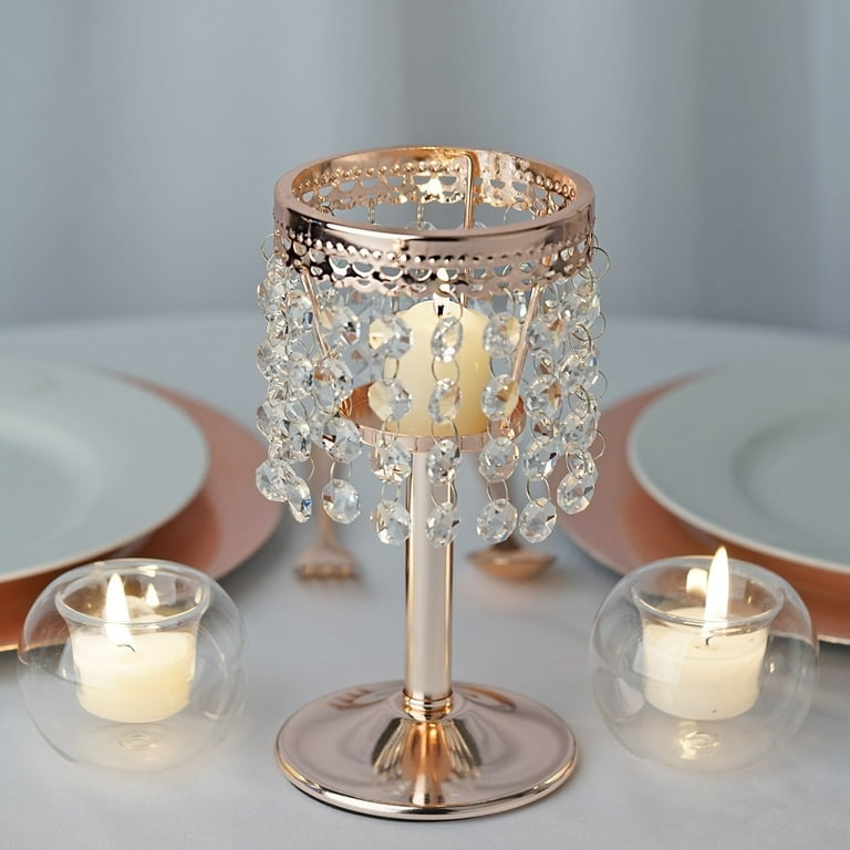 Chandelier Candle Holder Rose Gold Beaded Fringe Lace Cut Metal