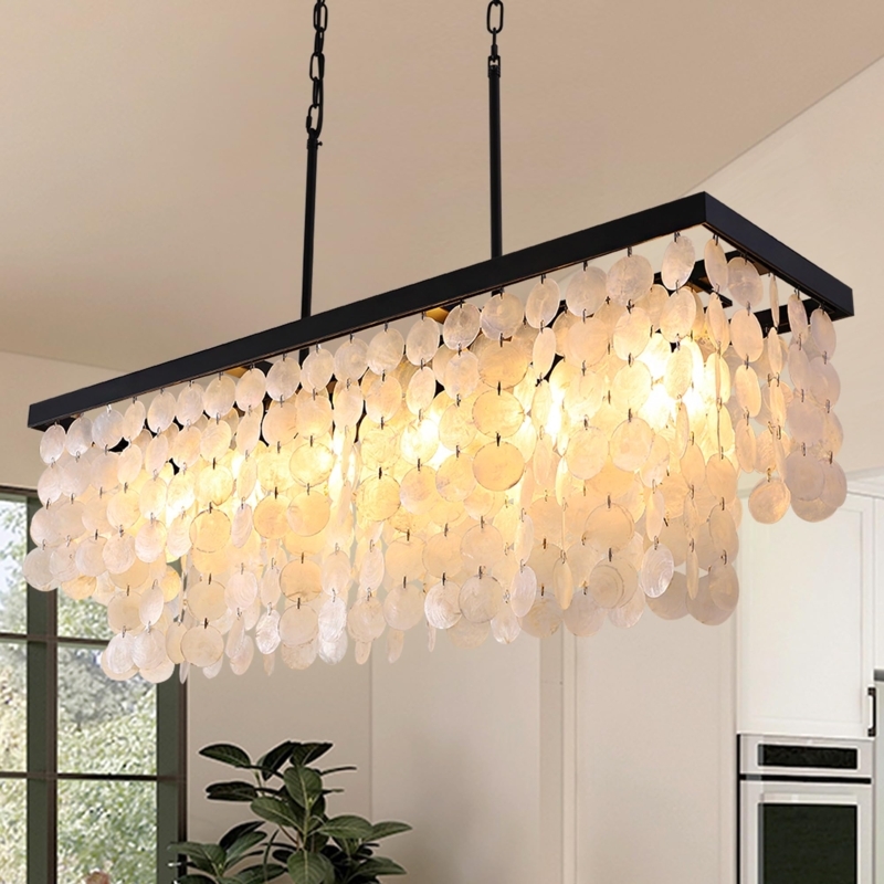 Chandelier Capiz Shell Disks Matte Black Tiered Coastal Island Lighting