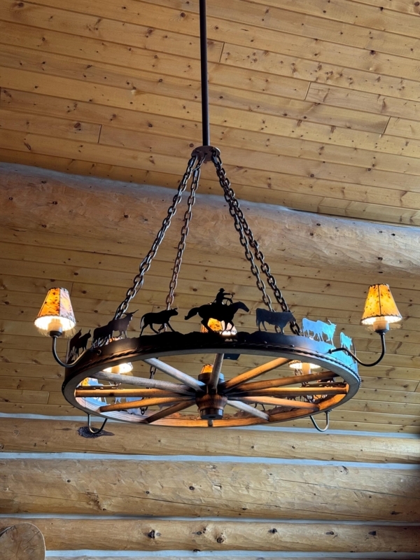 Chandelier, Cattle Drive Silhouettes, Rawhide Shades, Western Lodge Style