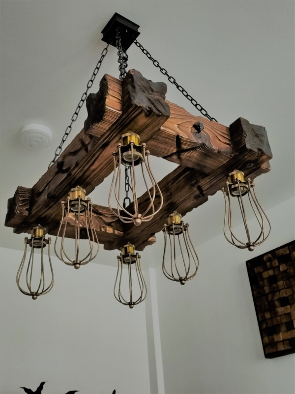 Chandelier, Charred Wood Texture, Wire Cage Guards, 6-Light Beam.