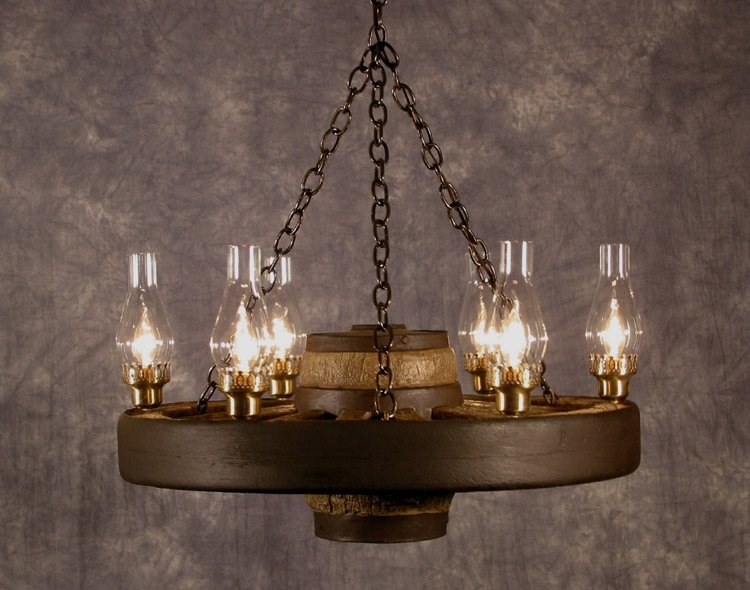 Chandelier, Clear Hurricane Shades, Decorative Antique Gold Sockets