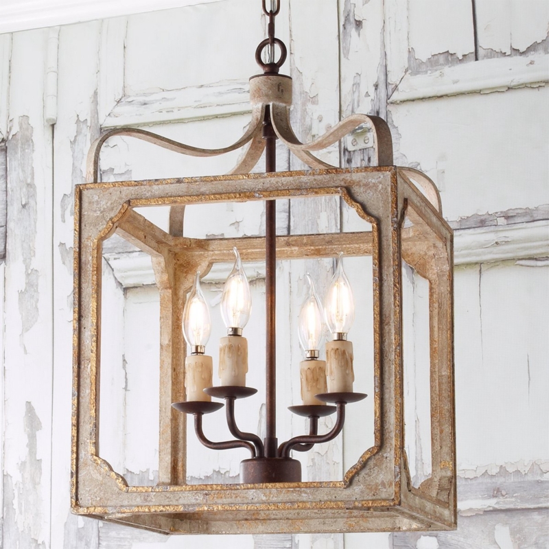 Chandelier, Distressed Cube Frame, Faux Candle Sleeves, 4-Light Boho.