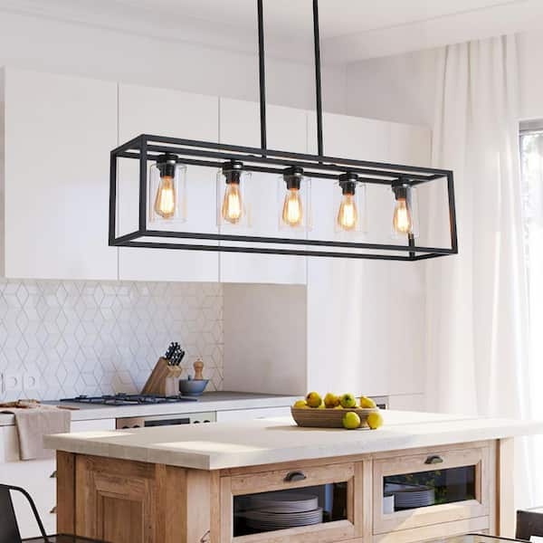 Chandelier Five-Light Rectangular Cage Matte Black Modern Industrial Light