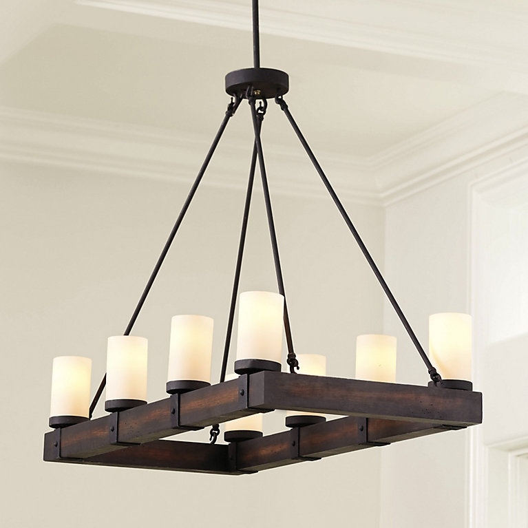 Chandelier, Frosted Cylinders, Rectangular Wood Frame, Metal Rivets