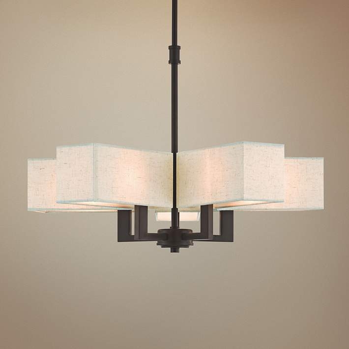 Chandelier Geometric Frame Rectangular Linen Shades Five-Light Fixture