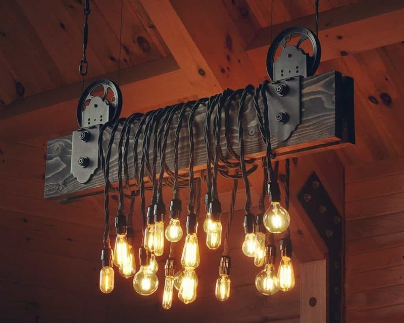 Chandelier, Industrial Pulley System, Wrapped Cords, Wood Beam.